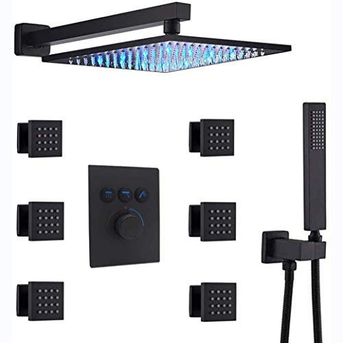 sjdoPulse Thermostatisches Messing Mattschwarz Wandmontage 10-12 Zoll Led Regenduschkopf Kombisystem Mit Körperdüsen Und Handbrause Badezimmer Luxus Duschset,12 Zoll,12 Inch