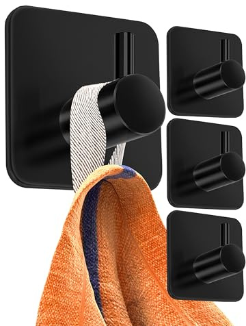 Menz Handtuchhalter ohne Bohren in Schwarz, 4er Set | Extra starke Klebehaken Edelstahl, Haken selbstklebend mit wasserfesten Klebepads, Badezimmer Handtuchhalter