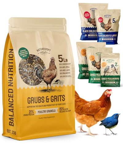 Hatortempt Grubs & Grits Chicken Feed Supplement - 5lb - with Chicken Grit, Mealworms, Black Fly Larvae and Oyster Shells - 21% Protein and 15% Calcium