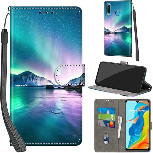 Handyhülle für Huawei P30 Lite Leder Wallet Tasche Herzen | 3 Kartenfächer & 1 Geldfach, Magnetverschluss, Ständerfunktion, robuste premium PU leder klapphülle für Huawei P30 Lite