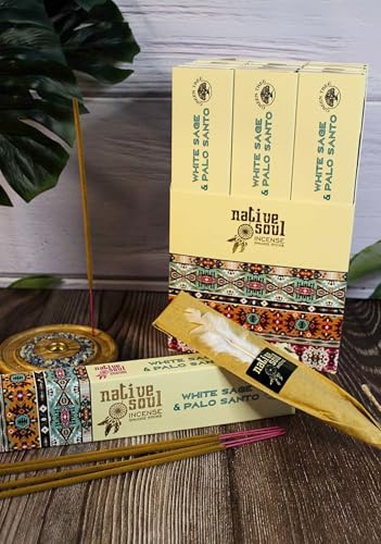 Native Soul Weisser Salbei & Palo Santo Räucherstäbchen - 3er Pack mit JRose Räuchergefäß - Kraftvolle Reinigung & Meditation - Langanhaltender natürlicher Duft