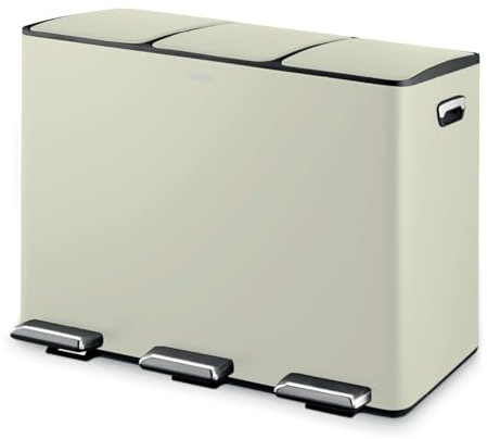 Tower Recycling Pedal Bin, Three 15L Compartments with Removable Inner Buckets, Carbon Steel Body, 45L, Cream