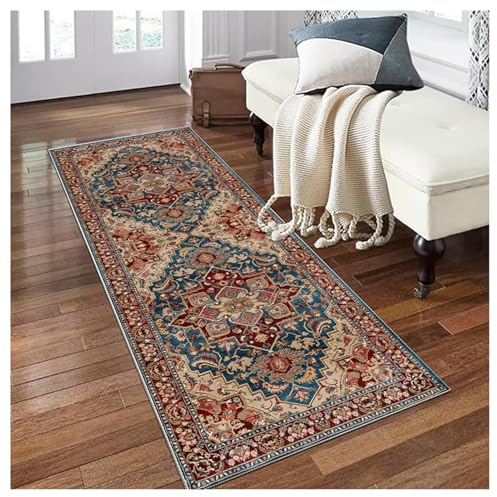 Siunwdiy Vintage Teppich Läufer Flur Küche 110x400cm Retro Rot rutschfest Waschbar Flurläufer Lang mit Boho Ethno Muster für Korridor Schlafzimmer Wohnzimmer Meterware Küchenteppich Anpassbare Breite