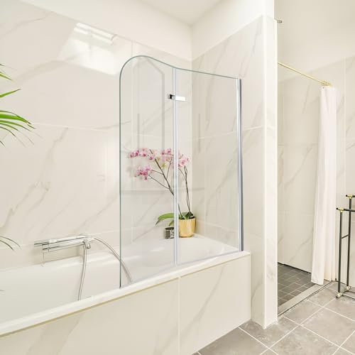 Vkechh Divisione doccia per vasca da bagno, 100 x 140 cm, 2 pezzi, pieghevole, con vetro di sicurezza monolocale da 6 mm, colore: argento trasparente