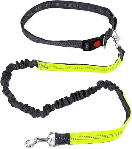 FluffyFavPets Correa Manos Libres Perro para Correr y Caminar - Correa Elástica Anti-Tirones con Cinturón Ajustable - Doble Asa Acolchada y Reflectante - Canicross (Negro/Verde)