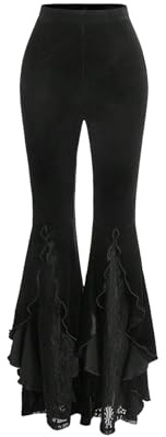 SOLY HUX Pantalones elegantes de terciopelo para mujer, estilo gótico, Y2k, para el tiempo libre, con encaje, para fiestas, carnaval, elásticos, informales, Negro , S
