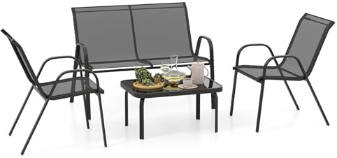 COSTWAY Set Tavolo e Poltrona da Giardino, Set di Mobili 4 Pezzi per Esterno, con Tavolino in Vetro Temperato, Panca e 2 Poltrone, per Giardino Balcone Piscina (Grigio)