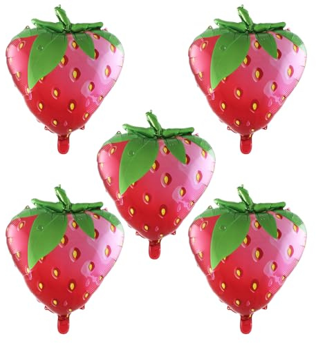 fKiZanthene Strawberry Balloons, 5 Pcs Foil Party Decorations, Reusable Fruit Themed Balloons for Celebrations Events