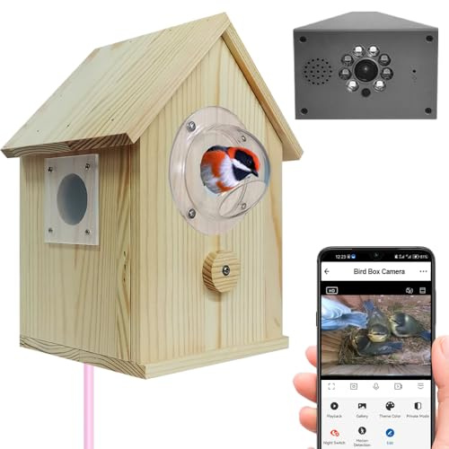 Smart Bird Box Camera with WiFi, 195mm Height Wooden House, 64GB Memory Card, Mobile App Monitoring