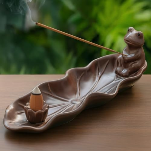 Glazery Frog Incense Holder for Sticks, Handmade Ceramic Holder for Burning Sage Sticks, Palo Santo, Cone and Backflow, Incense Burner for Meditation Room Home Decor, Frog Spiritual Gifts for Women