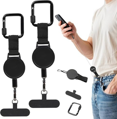 CoyCriter 2 Pcs Anti-theft Phone Tether, Universal Phone Lanyard Retractable Steel Line Cellphone Strap with Locking Carabiner and Metal 360° Tether Tab for Outdoor Hiking Climbing Fishing, Black