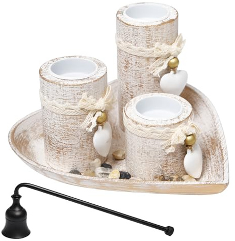 Neikafan Set di 3 Portacandele in Legno con Vassoio a Cuore e Campana Spegnicandela Candelabri decorativi per Tealights per Compleanni,Matrimoni,Cene Romantiche,Natale e Decorazioni da Tavolo
