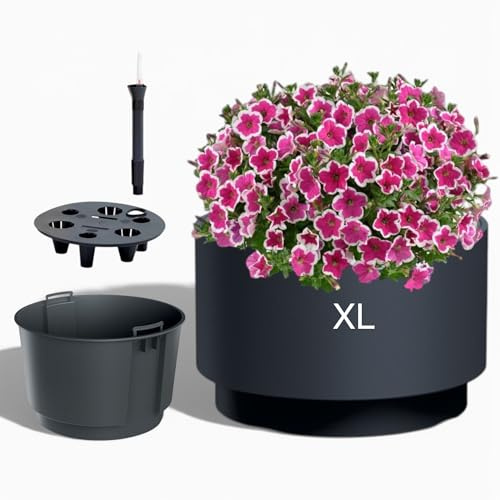 MELTOM Pot de fleurs avec insert et système d'irrigation, rond et moderne, résistant au gel et aux UV, en plastique, pour l'intérieur et l'extérieur, tailles : L, XL, XXL (anthracite, XL)