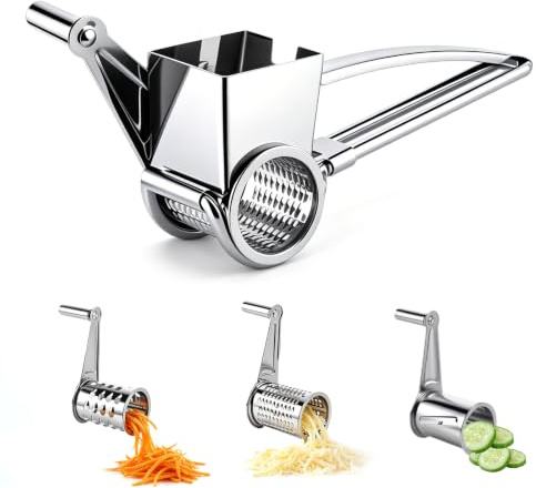 JIZZU 3 en 1 Râpe à Fromage Rotative Manuelle, Avec 3 Tambours Inox Pro