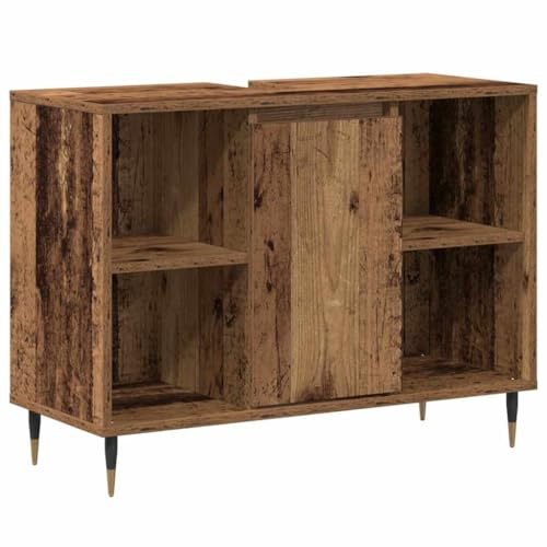 Ezbryzmatic Bathroom Cabinet Reclaimed Wood Look, Wall Mounted, 80 x 33 x 60 cm, Chipboard with Door and Mirror Glass for Bathroom and Hallway, Ample Storage with Ceramic Basin