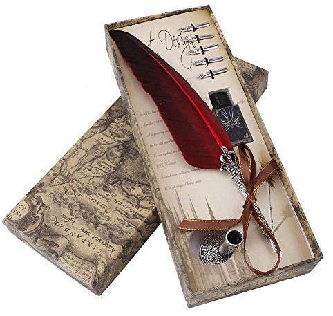 Englisch Kalligraphie Antike, Bürobedarf Feder Dip Pen, Metall gelockt Muster Stift Stem Schreibfeder Briefpapier Geschenkbox mit 5 Nibs(Rot)