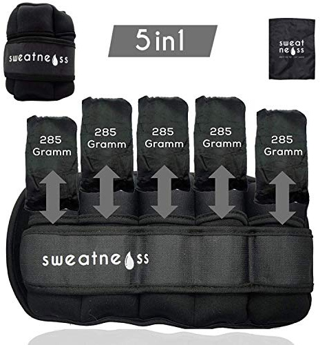 sweatness Verstellbare Gewichtsmanschetten Fuß 2er Set - 2 x 0,3-1,6 kg Fußgewichte und Handgewichte in Schwarz inkl. Trainingsplan und Tragetasche