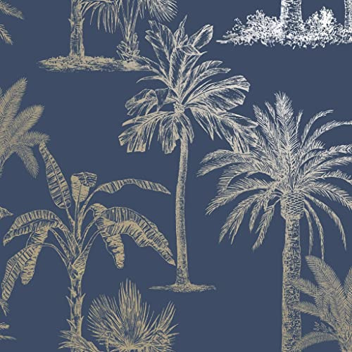 Glistening Tropical Palm Tree Navy Gold Metallic Feature Wallpaper 12821