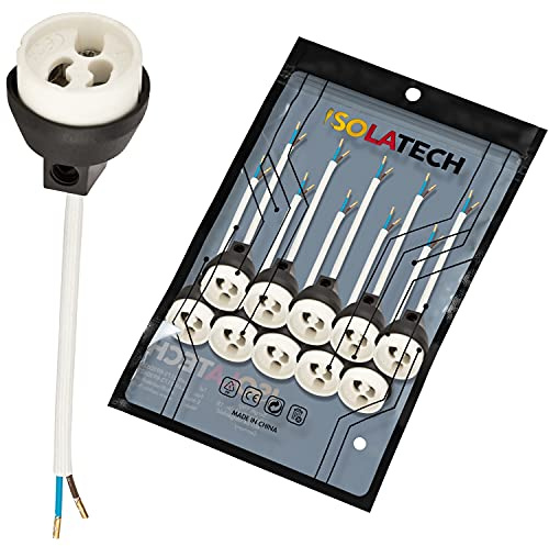 ISOLATECH 10x GU10 Brandschutz Keramikfassung mit Kupfer Aderendhülsen | Für LED- und Halogenlampen, VDE- und RoHS, 230-250V/2A, gecrimpte Kupfer-Aderendhülsen, 0,75mm² Kabel, bis 100W