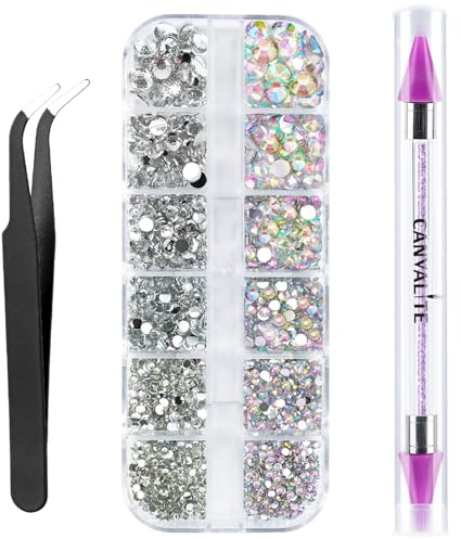 Canvalite 1500PCS Rhinestones in 6 Sizes Flat Back Gems, Crystal AB Nail Art Gems with Pick Up Tweezers and Rhinestone Picker Dotting Pen, Tools for Nails, Clothes, Face, Craft