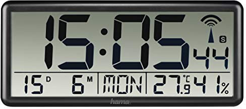 Hama Digitale Wanduhr XXL mit Funk (Digitaluhr mit Thermometer und Hygrometer, große Funkuhr mit Datum und Wochentag, gut ablesbar Wand Uhr zum Hängen und Stellen, inkl. Batterie) schwarz