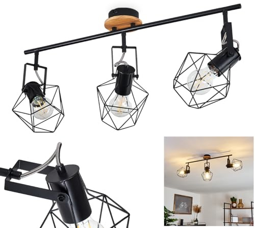HOFSTEIN Deckenleuchte Maracambo, verstellbare Deckenlampe aus Metall/Holz in Schwarz/Natur, Leuchte im Industrial/Retro/Vintage-Design, Lichteffekt, 3xE27, Wohnzimmer, Esszimmer, Schlafzimmer, Küche