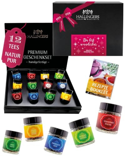 Hallingers Genuss Manufaktur Tee Valentinstagsgeschenk-Set - 12 Sorten premium loser Tee Probierset in edler Geschenkbox mit Rezept-Booklet Du bist wunderb..., Valentintstag für Frauen Freundin