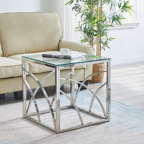 JYMTOM Beistelltisch Glas Couchtisch Sofatisch Edelstahl Kaffeetisch Schreibtischmöbel Hellgrauer Teetisch aus gehärtetem Glas für Wohnzimmer Schlafzimmer (Silber)