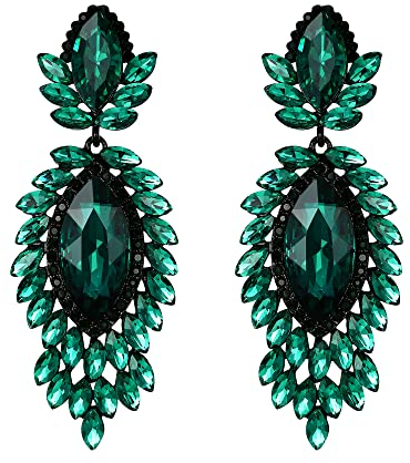 EVER FAITH Pendientes Mujer Cristal Austriaco Bisutería Marquise Drop Art Deco Chandelier Aretes Colgantes para Novia Boda Verde Tono Negro