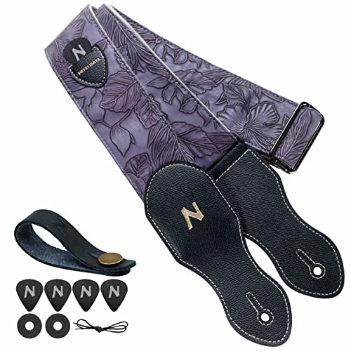 Nefelibata Guitar Strap with Pick Pocket,2.3 inch Porter Style Vegan Leather Guitar Straps,60s Western Vintage,Guitar Pick,Strap Button and Strap Lock(Purple)