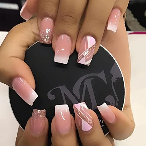 Vatocu Französische Nägel Zum Aufkleben Kurz Rosa Künstliche Nägel Glitzer Linien Falsche Nägel Glänzende Acryl Press on Nails für Frauen und Mädchen (24 Stück)