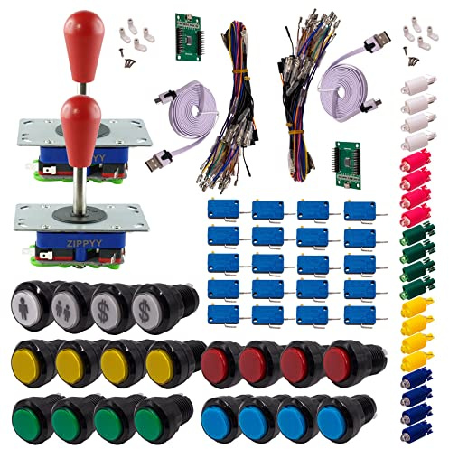 Kit Joysticks et boutons Arcade 2 x 1 Joueur Lumineux Boutons Noirs 2 Joysticks Zippyy Tiges Longues Poires Carte XinMoTek Jeux Vidéo Retro Gaming