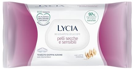 Lycia, Salviette Struccanti per Pelle Secca e Sensibile con Prebiotico e Latte d'Avena, Eco Tessuto Doppia Azione Biodegradabile, Formula Idratante, Protezione della Barriera Cutanea, 60 pezzi