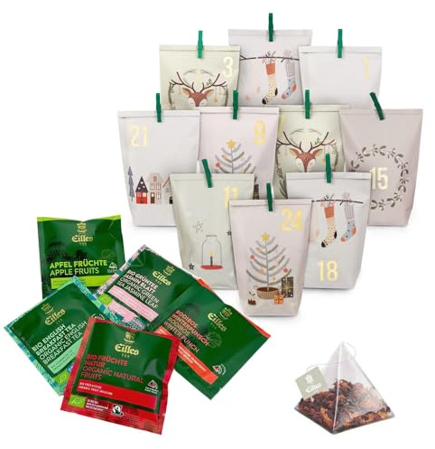 EILLES TEE Adventskalender mit feinsten Tea Diamonds zum Selberbasteln | 24 Tea Diamonds mit passenden Papiertüten und Holzklammern