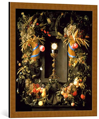 kunst für alle Bild mit Bilder-Rahmen: Jan Davidsz. de Heem Kelch und Hostie umgeben von Frucht- girlanden - dekorativer Kunstdruck, hochwertig gerahmt, 60x65 cm, Kupfer gebürstet