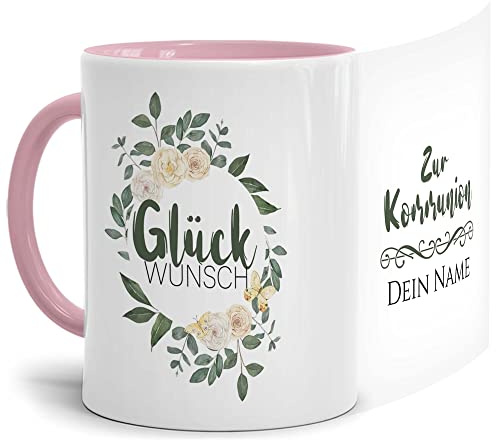 Tassendruck Personalisierte Tasse zur Kommunion mit Spruch und Name - Rosenkranz - Glückwunsch - Kommuniongeschenke mit Name personalisiert, Namenstassen | 300 ml, Innen & Henkel Rosa