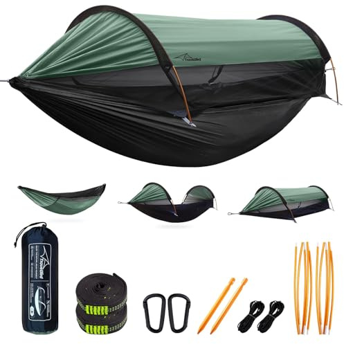 Travel Bird Camping Hammock Tent with Mosquito Net and Sunshade, Extra Large for 2 Person, Lightweight Hanging Hammocks Tree Straps, Bivvy Ground Tent for Outside, Hiking, and Travel