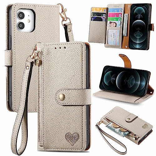 VEEMOS Zipper Wallet Case for Apple iPhone 12 / iPhone 12 Pro Phone Case with Purse Card Holders RFID Blocking Leather Flip Case Book Cover Wrist Strap Women - Gray