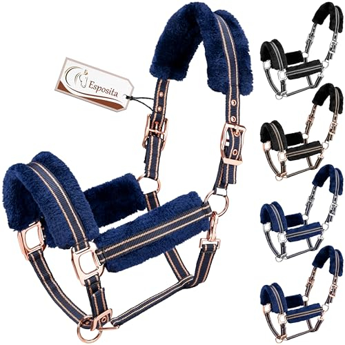 Esposita Halfter Champion Edition Stallhalfter Fellhalfter Flauschhalfter weich unterlegt mit Kunstfell flauschig (Full/WB, Navy/Rosegold)