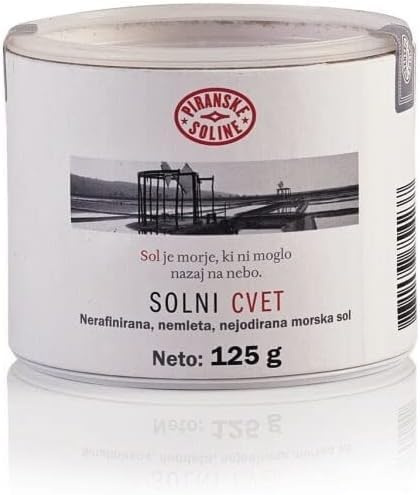 Solni Cvet - Sal (125 g, denominación de origen protegida), pura sal marina orgánica y sin refinar, buena para cocinar y sal de mesa (paquete de 3)