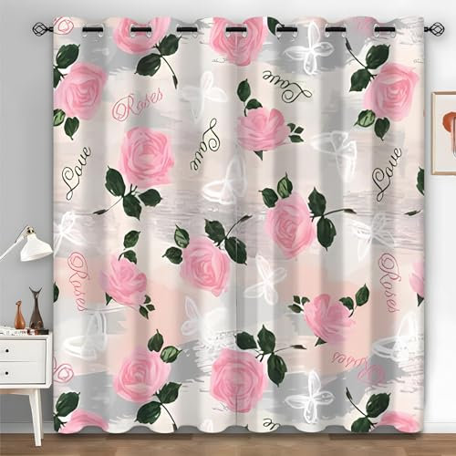 Syhi Qlty Pink Rose Blackout Curtains for Bedroom, Butterfly Thermal Curtains & Drapes, Eyelet Soundproof Curtains 54 Inch Drop, Window Treatments for Living Room, 66 x 54 Inch(W X L), 2 Panels