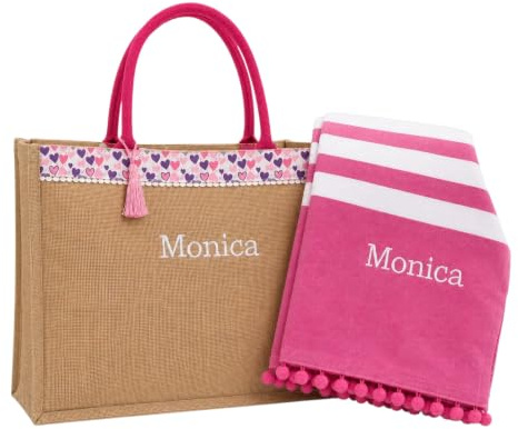 AmiAmarena Borsa spiaggia e telo mare personalizzate con ricamo. Set 2 pezzi, borsa mare e telo da donna. (Cuore, Multicolore)