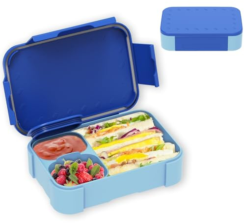 XJIANFU Fiambrera para niños con compartimentos, 900 ml, caja bento a prueba de fugas, compartimentos a prueba de fugas, fiambrera para niñas y niños, microondas, lavavajillas (azul)