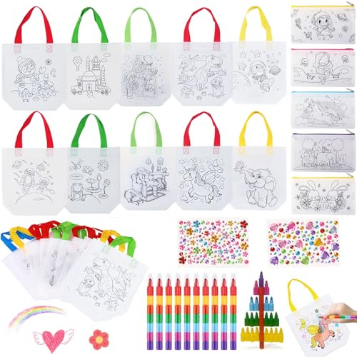 22 Stück Taschen zum Bemalen für Kinder, DIY Stoffbeutel zum Bemalen Kindergeburtstag Basteln Kinder Stoffbeutel, mit 10 Stk Wachsmalstifte und 2 Diamantaufkleber für Kindergeburtstag Gastgeschenke