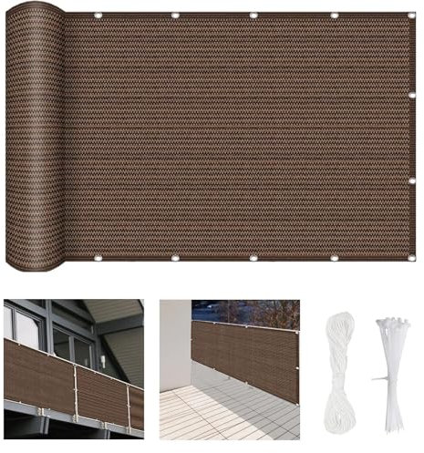 Balkon Sichtschutz Ohne Bohren 300 x 135 cm HDPE Gewebe, Uv-Schutz, Blickdichte Balkonverkleidung Balkonabdeckung, mit Kabelbinder Und Kordel, für Balkon Zaun Garten, Braun