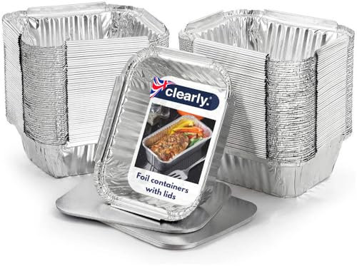 Clearly Set 50 Foil Trays with Lids, Aluminium Disposable Reusable Foil Food Container, Takeaway Containers, Great for Baking, Cooking, Freezing, Heating, Storing, BBQ (14.7x12.3x5cm)