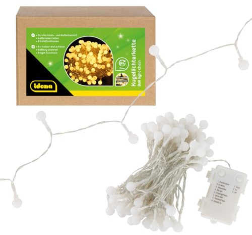 Idena 30523 - Guirlande lumineuse LED boule avec 100 LED en blanc chaud, pour l'extérieur & l'intérieur, longueur env. 10,2 m, fonction minuterie 6 heures, 8 fonctions lumineuses, fonctionne sur piles