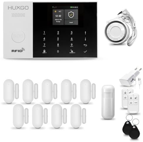Alarmas para casa hogar WiFi + gsm 4G con Sirena | Kit de Alarma inalámbrico con 1 Sensor de Movimiento y 9 alarmas de Puerta/Ventana | Alarma Tuya Smart Life | HUXGO® HXA005