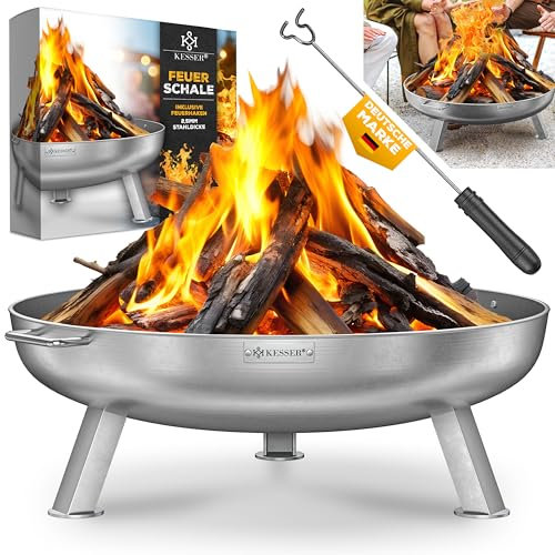 KESSER® Braciere spessore 2,5 mm | Braciere Ø 70 cm in acciaio inox | 2 cm gancio per fuoco in ghisa e 2 manici stabili in legno e carbone per falò, giardino e terrazza