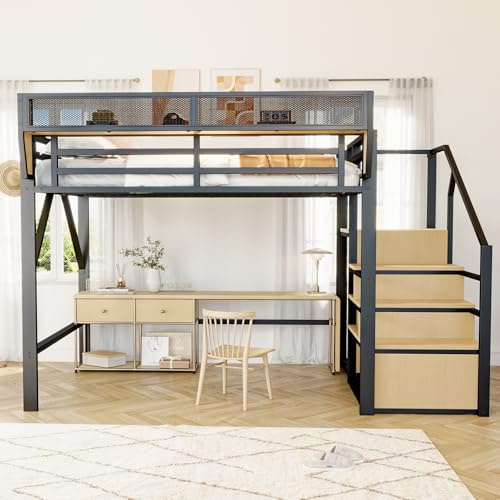 NNJN Cama alta con escalera de seguridad y compartimento de almacenamiento flexible, cama de metal, cama para adultos, litera infantil, color negro (140 x 200 cm (tipo 2)